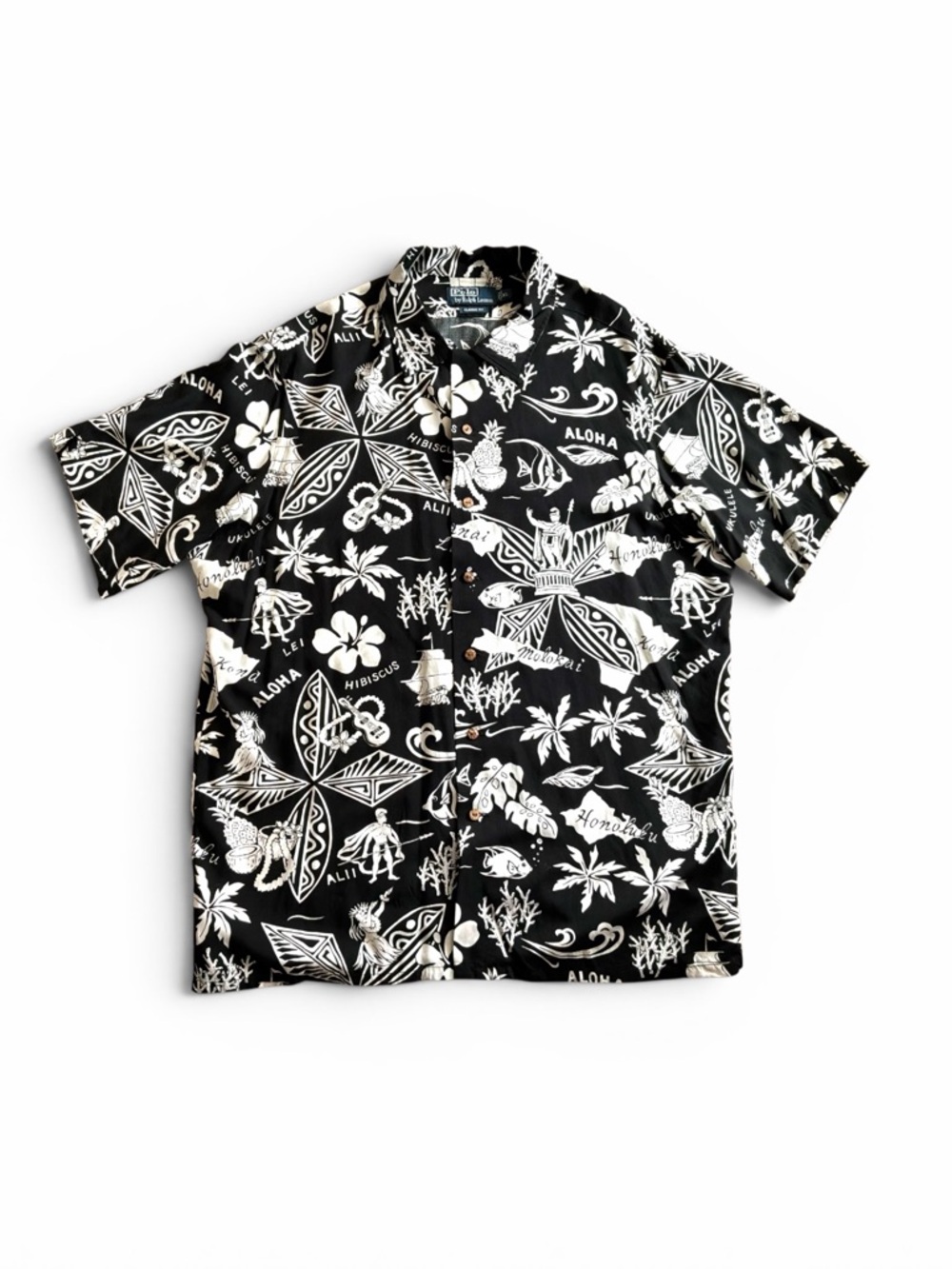 NWOT Polo Ralph Lauren Black Hawaiian Print Short-Sleeve Shirt Aloha Style XL